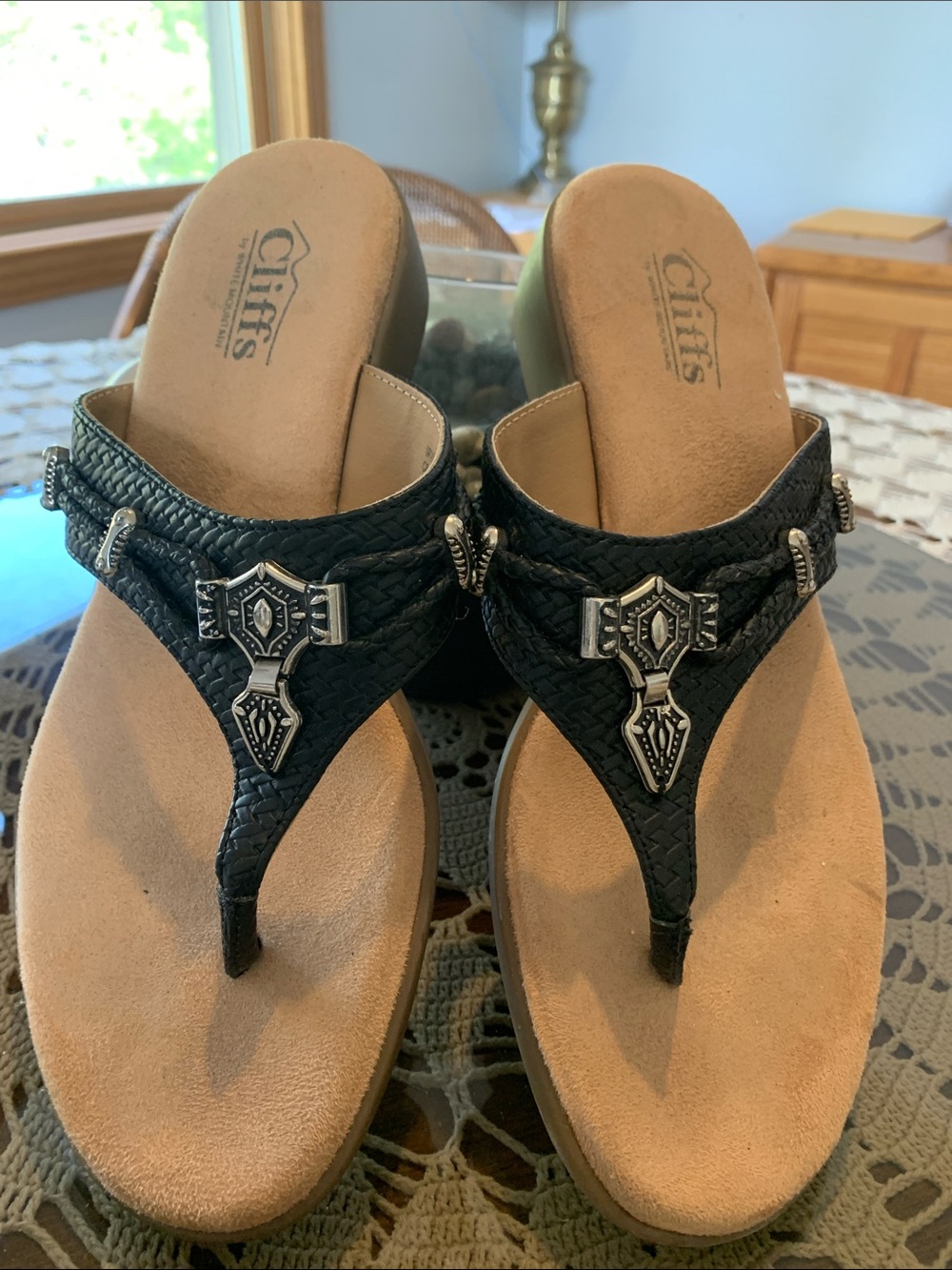 Cliffs by WHITE MOUNTAIN Black Braided Thong Sandals with Silver Accents